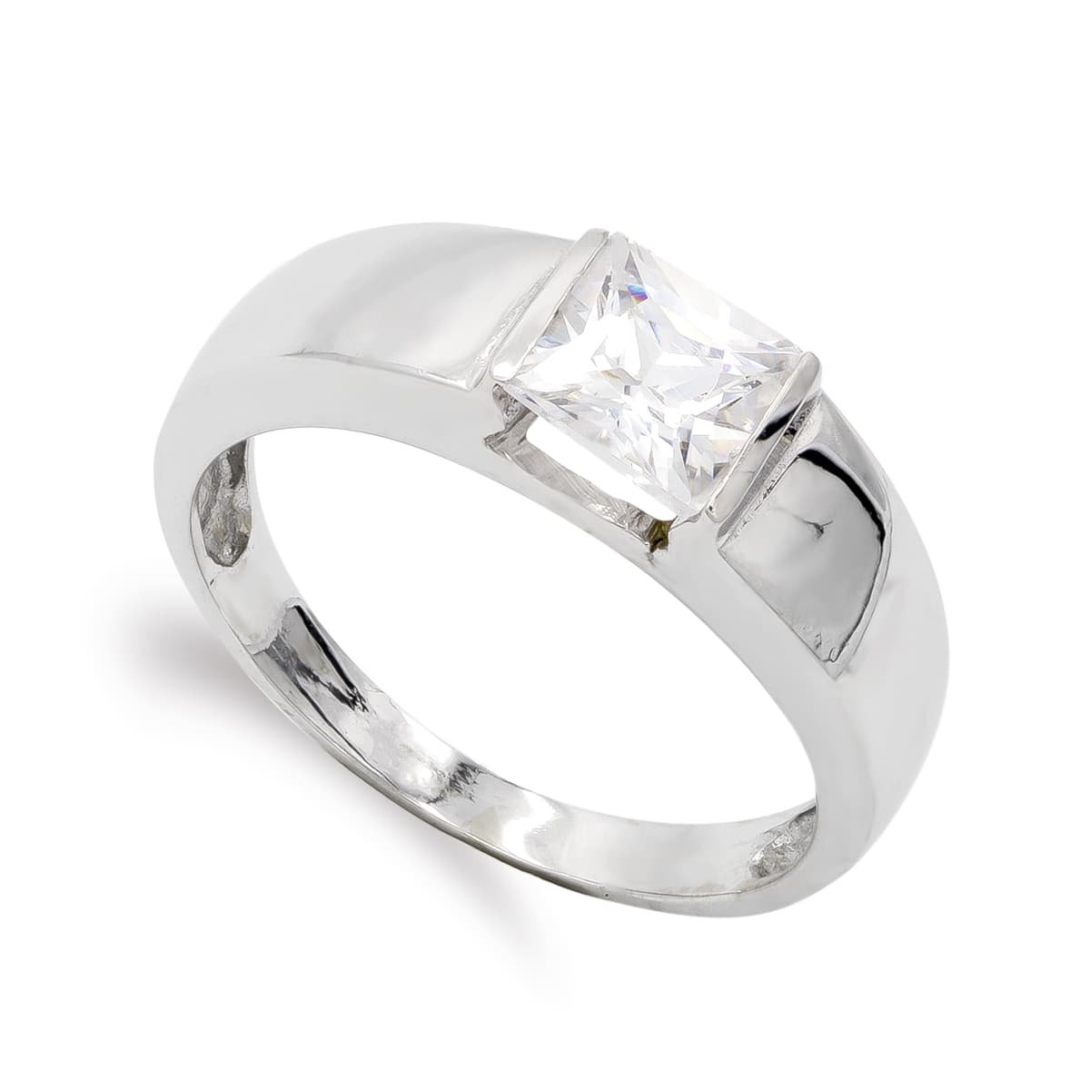 Anillo de oro blanco 18K con circonita cuadrada. ancho: 6 mm
