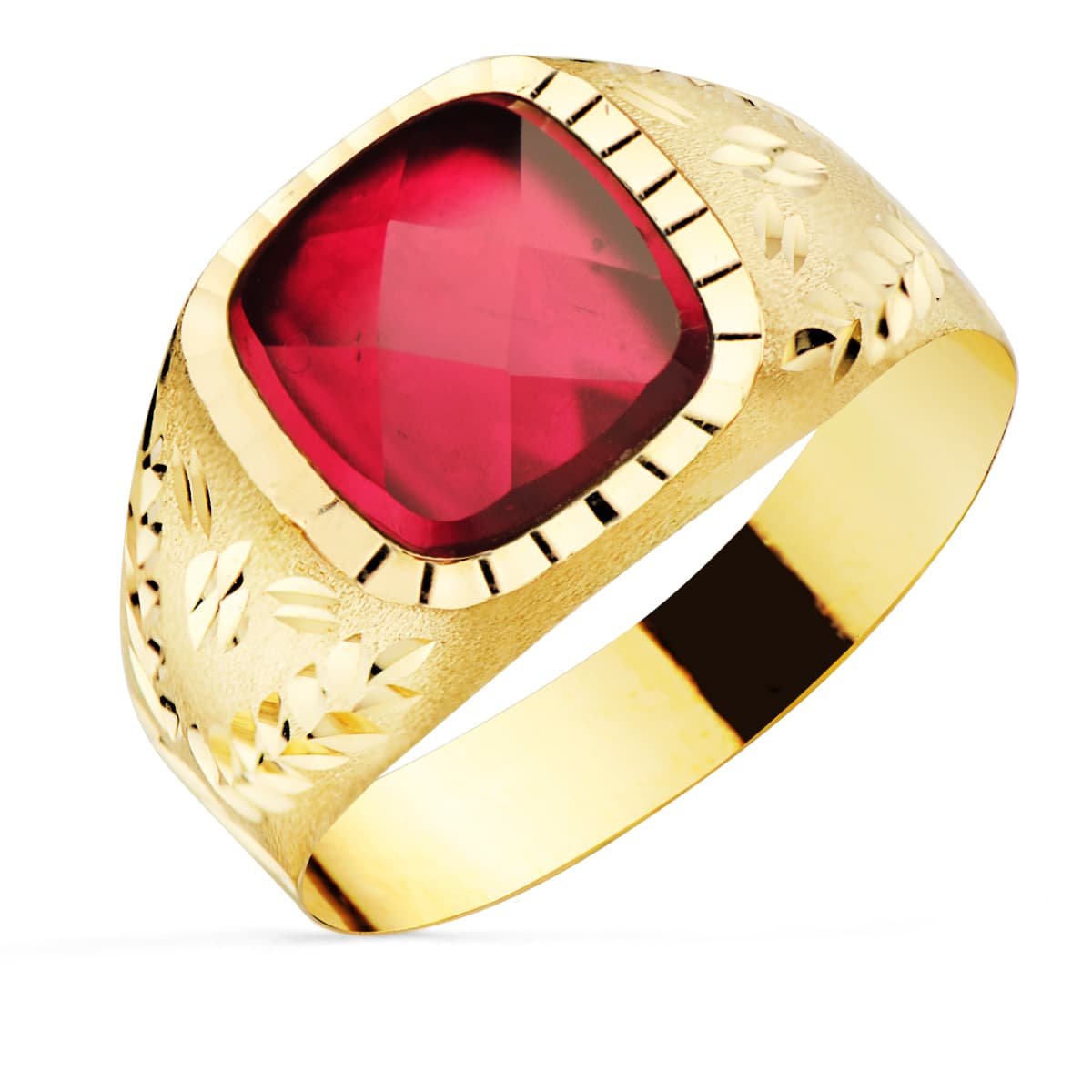 Sello de oro amarillo 18K con piedra rubi spinel 9x9 mm lateral tallado