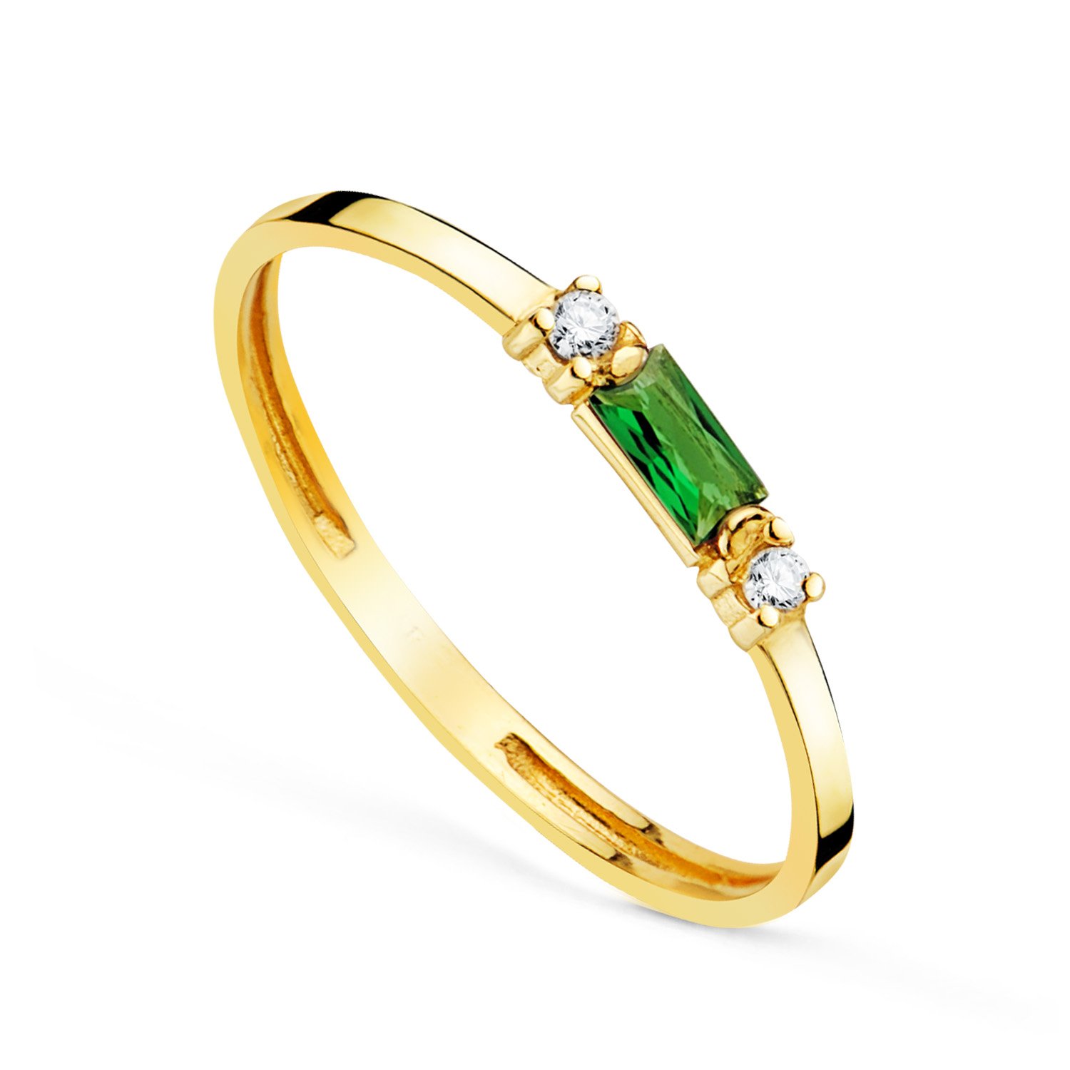 Anillo de oro amarillo 18K circonita verde 4x2 mm y circonitas. ancho: 2mm