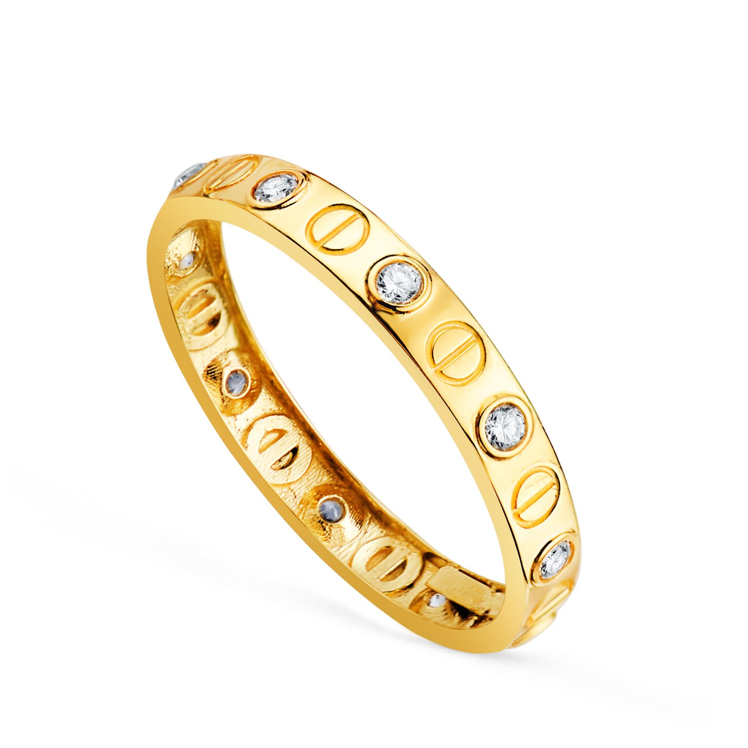 Anillo de oro amarillo 18K circonitas y motivo de tornillos en brillo. ancho: 3 mm