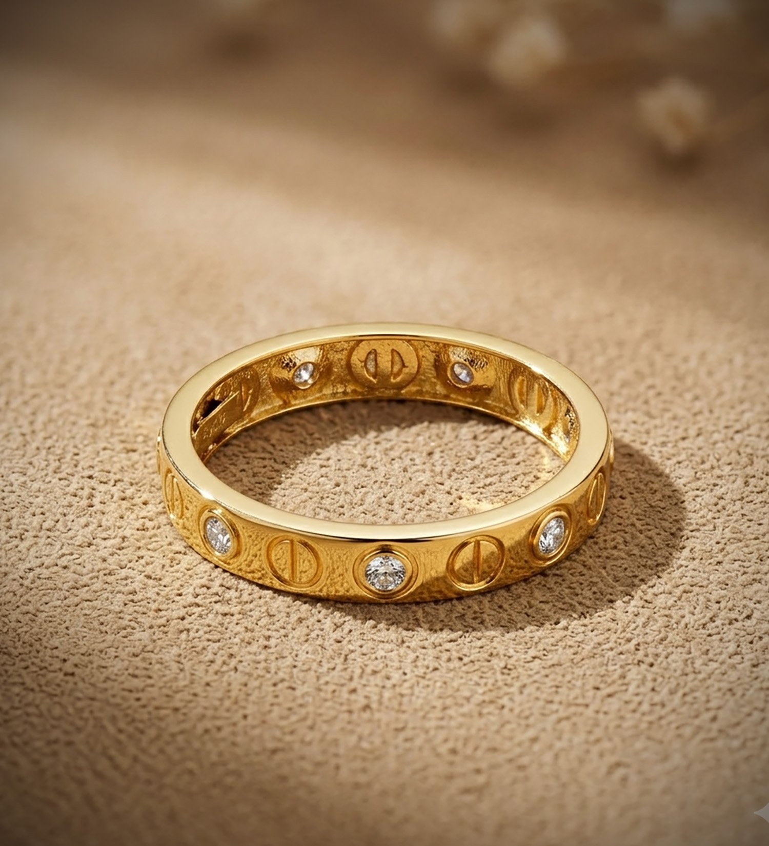 Anillo de oro amarillo 18K circonitas y motivo de tornillos en brillo. ancho: 3 mm - Imagen 2